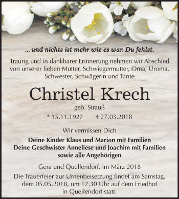 Traueranzeige von Christel Krech von Mitteldeutsche Zeitung