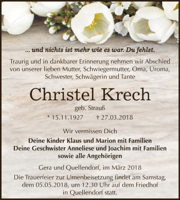 Traueranzeige von Christel Krech von WVG - Wochenspiegel Dessau / Köthen