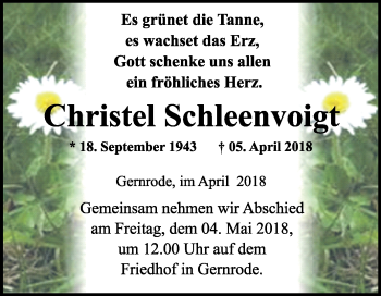 Traueranzeige von Christel Schleenvoigt von Mitteldeutsche Zeitung Quedlinburg