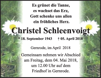 Traueranzeige von Christel Schleenvoigt von WVG - Wochenspiegel Quedlinburg