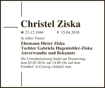 Traueranzeige von Christel Ziska von WVG - Wochenspiegel Dessau / Köthen