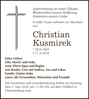 Traueranzeige von Christian Kusmirek von WVG - Wochenspiegel Dessau / Köthen