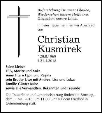 Traueranzeige von Christian Kusmirek von Mitteldeutsche Zeitung Köthen