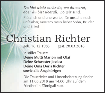 Traueranzeige von Christian Richter von Super Sonntag Wittenberg