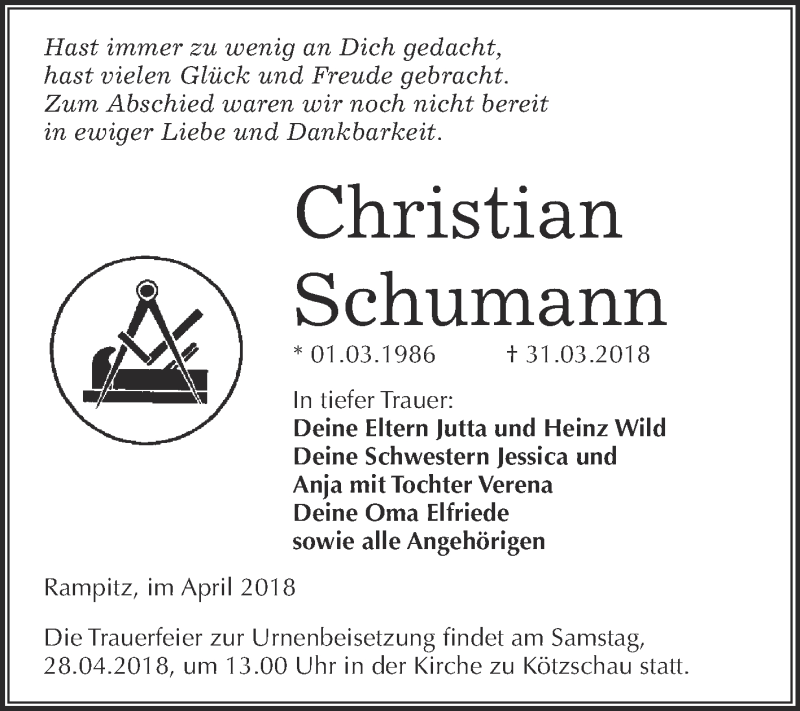  Traueranzeige für Christian Schumann vom 14.04.2018 aus Super Sonntag Merseburg