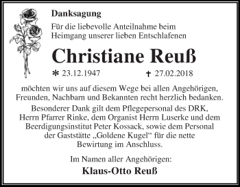 Traueranzeige von Christiane Reuß von WVG - Wochenspiegel Dessau / Köthen