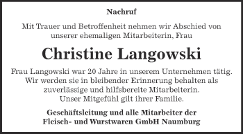 Traueranzeige von Christine Langowski von WVG - Wochenspiegel NMB / WSF / ZTZ