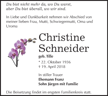 Traueranzeige von Christine Schneider von Mitteldeutsche Zeitung Halle/Saalkreis