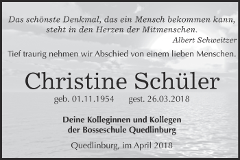 Traueranzeige von Christine Schüler von Super Sonntag Quedlinburg