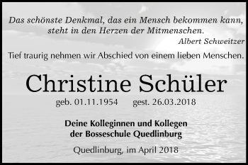 Traueranzeige von Christine Schüler von Mitteldeutsche Zeitung Quedlinburg