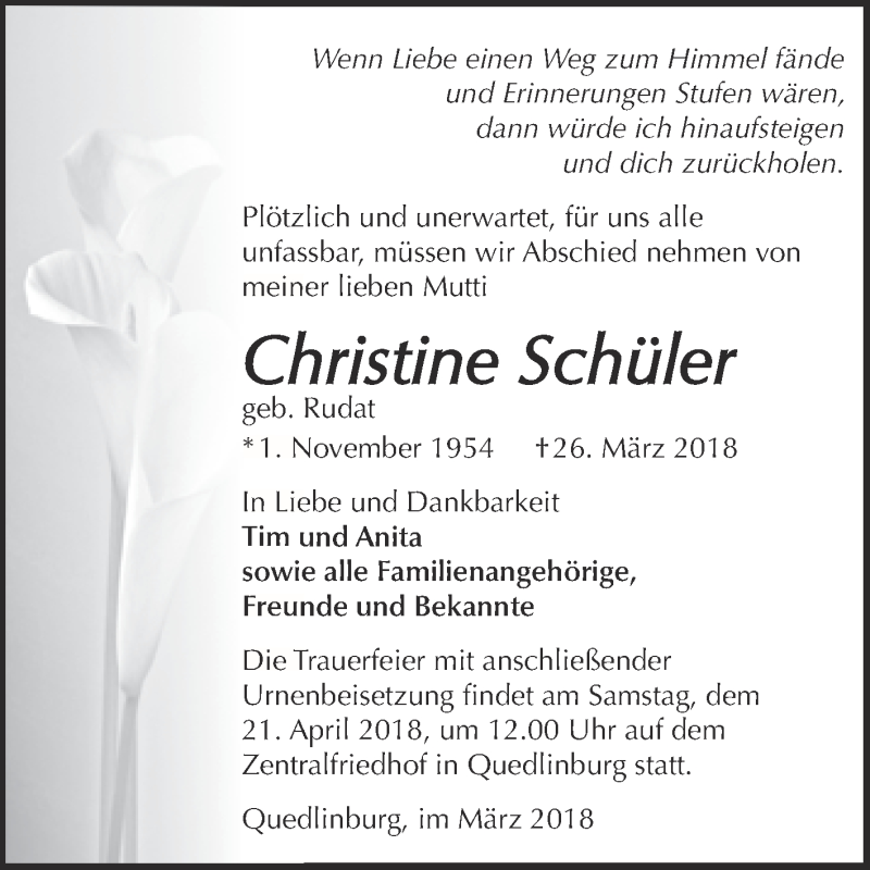  Traueranzeige für Christine Schüler vom 14.04.2018 aus Super Sonntag Quedlinburg
