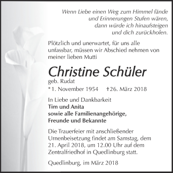 Traueranzeige von Christine Schüler von Super Sonntag Quedlinburg
