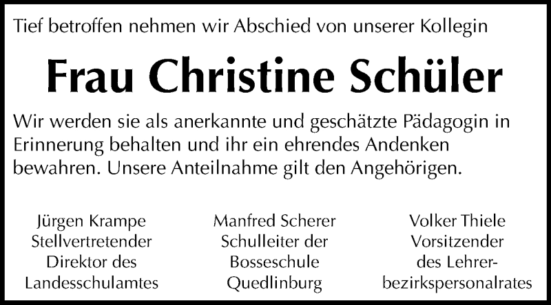  Traueranzeige für Christine Schüler vom 14.04.2018 aus Mitteldeutsche Zeitung Quedlinburg