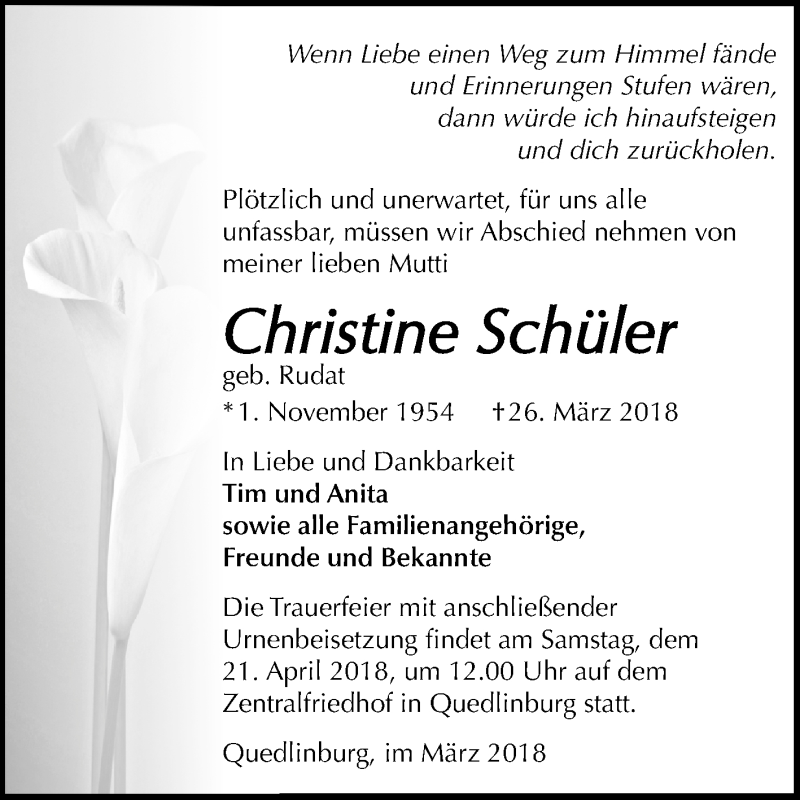  Traueranzeige für Christine Schüler vom 14.04.2018 aus Mitteldeutsche Zeitung Quedlinburg