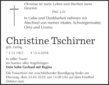 Traueranzeige von Christine Tschirner von Super Sonntag Wittenberg