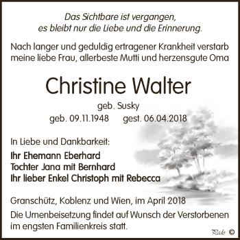 Traueranzeige von Christine Walter von WVG - Wochenspiegel NMB / WSF / ZTZ
