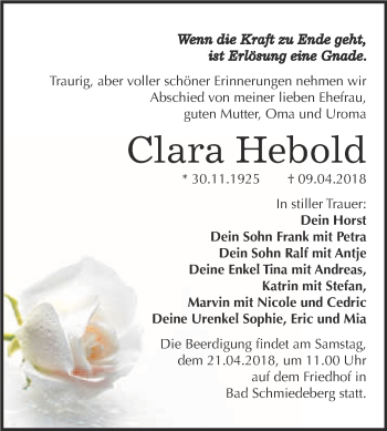 Traueranzeige von Clara Hebold von WVG - Wochenspiegel Wittenberg