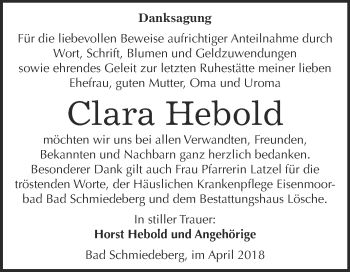 Traueranzeige von Clara Hebold von WVG - Wochenspiegel Wittenberg
