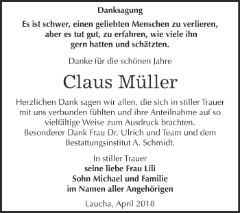 Traueranzeige von Claus Müller von WVG - Wochenspiegel NMB / WSF / ZTZ