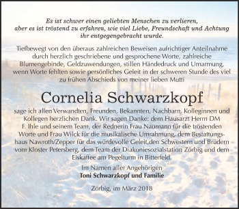 Traueranzeige von Cornelia Schwarzkopf von WVG - Wochenspiegel Bitterfeld