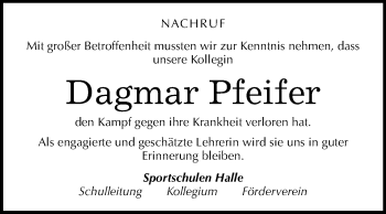 Traueranzeige von Dagmar Pfeifer von Mitteldeutsche Zeitung Halle/Saalkreis