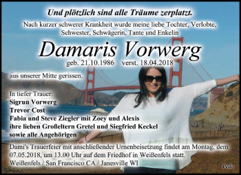 Traueranzeige von Damaris Vorwerg von Mitteldeutsche Zeitung Weißenfels
