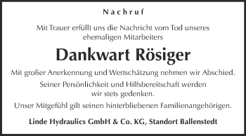 Traueranzeige von Dankwart Rösiger von Super Sonntag Quedlinburg