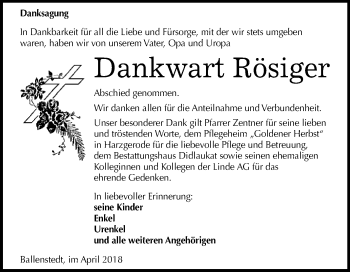 Traueranzeige von Dankwart Rösiger von WVG - Wochenspiegel Quedlinburg