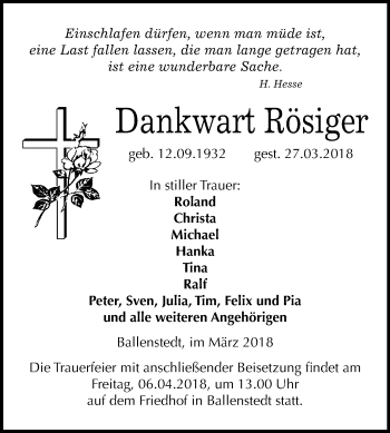 Traueranzeige von Dankwart Rösiger von Mitteldeutsche Zeitung Quedlinburg