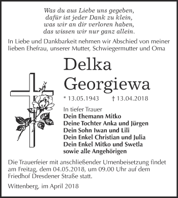 Traueranzeige von Delka Georgiewa von Super Sonntag Wittenberg