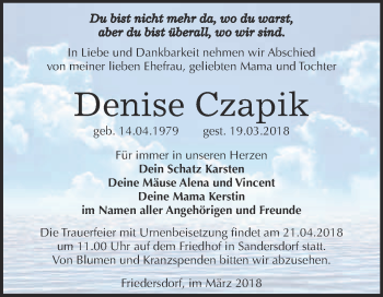 Traueranzeige von Denise Czapik von WVG - Wochenspiegel Bitterfeld
