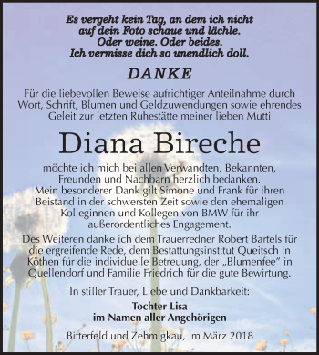 Traueranzeige von Diana Bireche von WVG - Wochenspiegel Bitterfeld