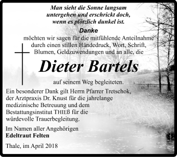 Traueranzeige von Dieter Bartels von Super Sonntag Quedlinburg