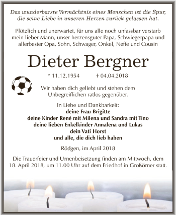 Traueranzeige von Dieter Bergner von Super Sonntag SGH Mansf. Land