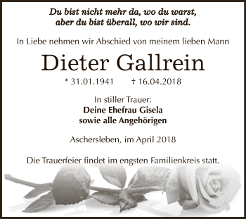 Traueranzeige von Dieter Gallrein von Super Sonntag Aschersleben
