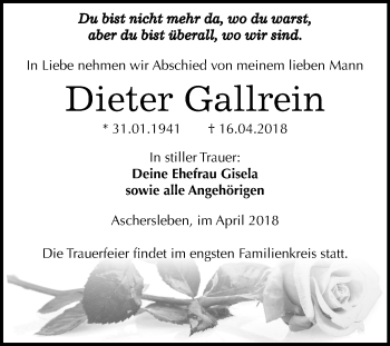 Traueranzeige von Dieter Gallrein von Mitteldeutsche Zeitung Aschersleben