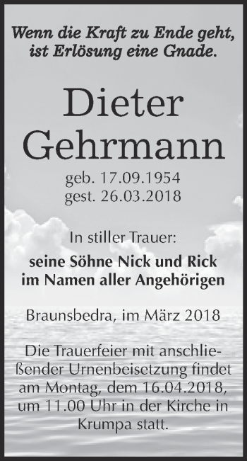 Traueranzeige von Dieter Gehrmann von WVG - Wochenspiegel Merseburg