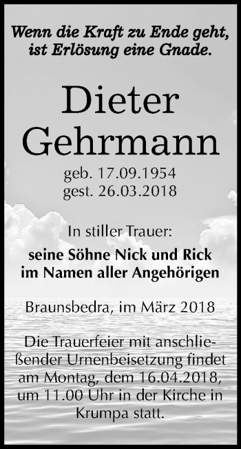 Traueranzeige von Dieter Gehrmann von Mitteldeutsche Zeitung Merseburg/Querfurt