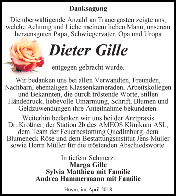 Traueranzeige von Dieter Gille von Mitteldeutsche Zeitung Aschersleben