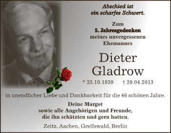 Traueranzeige von Dieter Gladrow von Super Sonntag Zeitz