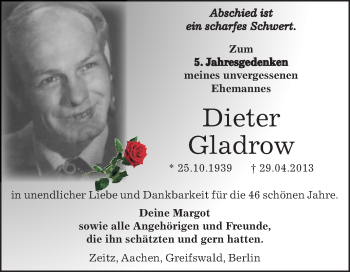 Traueranzeige von Dieter Gladrow von Mitteldeutsche Zeitung Zeitz