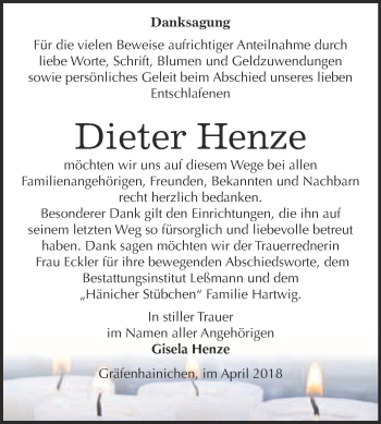 Traueranzeige von Dieter Henze von WVG - Wochenspiegel Wittenberg