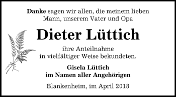 Traueranzeige von Dieter Lüttich von Mitteldeutsche Zeitung