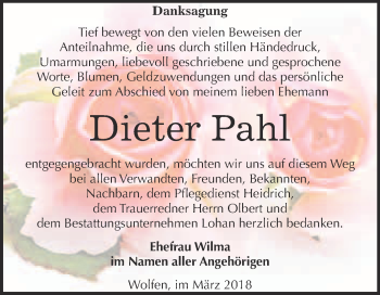 Traueranzeige von Dieter Pahl von WVG - Wochenspiegel Bitterfeld