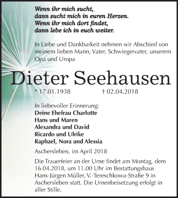 Traueranzeige von Dieter Seehausen von Mitteldeutsche Zeitung Aschersleben