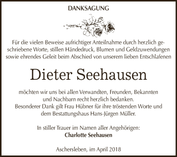 Traueranzeige von Dieter Seehausen von Super Sonntag Aschersleben