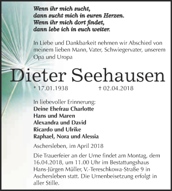 Traueranzeige von Dieter Seehausen von Super Sonntag Aschersleben