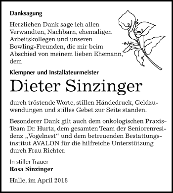 Traueranzeige von Dieter Sinzinger von Mitteldeutsche Zeitung Halle/Saalkreis