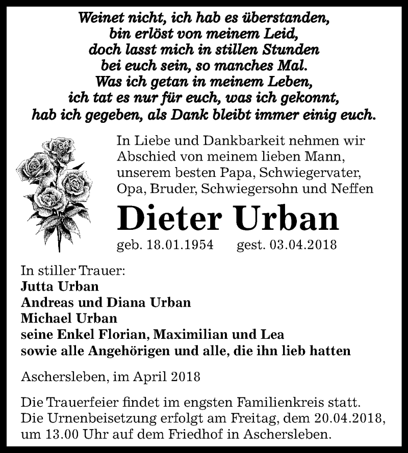  Traueranzeige für Dieter Urban vom 07.04.2018 aus Mitteldeutsche Zeitung Aschersleben