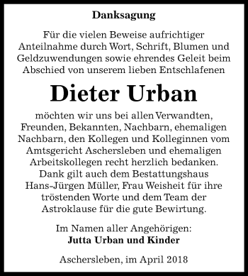 Traueranzeige von Dieter Urban von Mitteldeutsche Zeitung Aschersleben